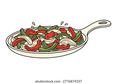 Vegetarian mexican dish featuring sauteed green peppers red peppers and onions in ceramic skillet for dinner.