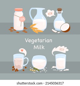 Vegetarian milk in different glass vases. Plant based drink, coconut and almond vegan milk, ecological and bio grains milk in bottles, lactose free composition cartoon vector illustration