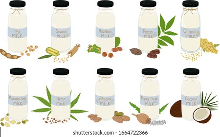 Vegetarian milk in glass jar isolated on white background. Vector illustration of vegan drink in cartoon flat style. Healthy food.
