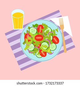 Vegetarian mixed vegetable salad on a plate and citrus juice in a glass for a healthy weight loss diet. Simple style vector illustration, isolated on pink background.