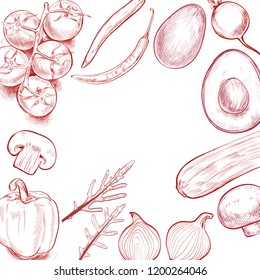 Vegetarian natural food, objects, element design, tomato, mushrooms, avocado, arugula, paprika, onion, zucchini, chili pepper, carrot. Sketch style, hand drawn. Vector illustration.