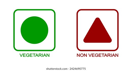 Vegetarian and non vegetarian labels. Vegan food stickers. Green circle and red triangle shapes in squares isolated on white background. Vector flat illustration.