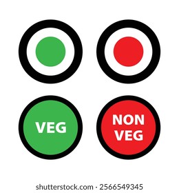 Vegetarian and non-vegetarian icon green and red food dot with veg and non-veg text. Vegan and non-vegan food labels. Vector illustration.