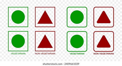 Vegetarian and non-vegetarian icons. Vegan food labels. Green circle and red triangles in squares isolated on transparent background. Vector flat illustration.