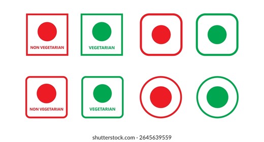 Vegetarian and non-vegetarian icons. Vegan food labels. Green circle and red triangles in squares isolated on transparent background. Vector flat illustration.