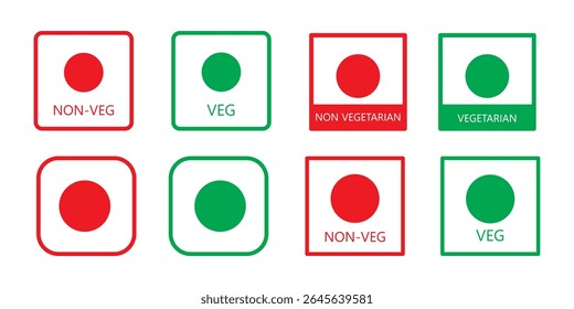Vegetarian and non-vegetarian icons. Vegan food labels. Green circle and red triangles in squares isolated on transparent background. Vector flat illustration.