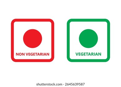 Vegetarian and non-vegetarian icons. Vegan food labels. Green circle and red triangles in squares isolated on transparent background. Vector flat illustration.
