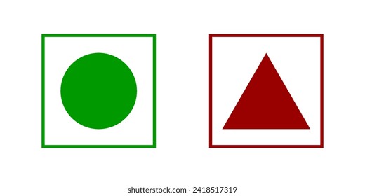 Vegetarische und nicht vegetarische Symbole. Grüner Punkt und rotes Dreieck in Quadraten einzeln auf weißem Hintergrund. Veganische und nicht-veganische Lebensmitteletiketten. Vektorflache Illustration.