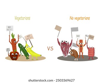 Vegetarian, non-vegetarian, vegetarian vs non vegetarian, vegan, veggies, fight, food, illustration, vector.