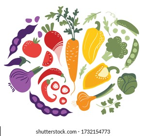 Vegetarian Nutrition Theme. Bright rainbow isolated flat set, texture of fresh vegetables: broccoli, cabbage, peas, greens, onions, peppers, beans, tomato, carrots.