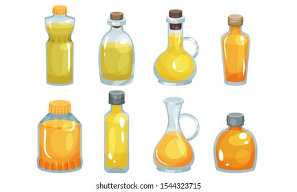 Vegetarian Oil Bottles Vector Set. Different Glassware With Raw Edible Liquid.