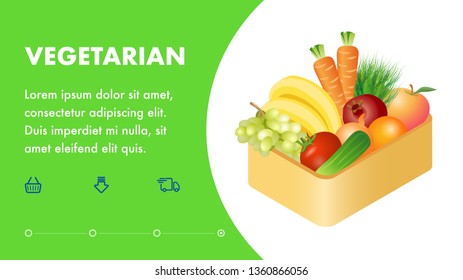 Vegetarian Online Store Landing Page Flat Template. Internet Supermarket Purchase Typography with Text Space. Fresh Vegetables, Fruits in Box Realistic Illustration. Navigation, Delivery Linear Icons