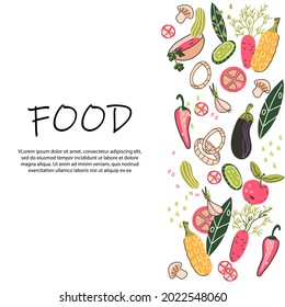 Vegetarian organic food banner or poster design with various fresh production. Farm vegetables delivery and distribution, vegan food flat cartoon vector illustration.