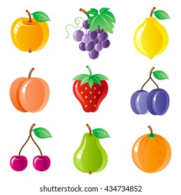 Vegetarian organic food icon set with healthy juicy fruit and berry icons. Apple, black grapes, lemon, peach,apricot, strawberry, plum, cherry, pear, orange icons.