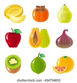 Vegetarian organic food icon set with healthy juicy fruit and berry icons. Melon, persimmon, quince, apple, papaya, fig, kiwi fruit, lime, grapefruit icons.