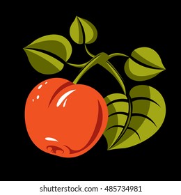Vegetarian organic food simple illustration, vector ripe orange peach with green leaves isolated. Whole fruit, fruitfulness idea symbol.
