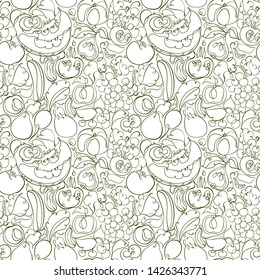 vegetarian ornament with healthy food, vegetables and fruits on a white background. seamless vector pattern