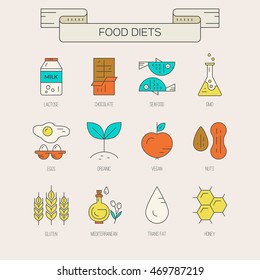 Vegetarian, paleo, gluten free - icons and illustrations of different diets. Food intolerance symbols.Vector line collection of modern icons.
