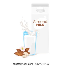 Vegetarian paper pack of almond milk with glass and kernels. Vector illustration isolated on white background.