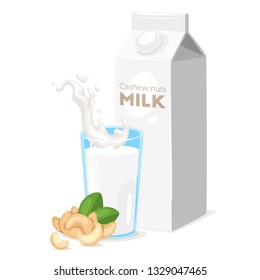 Vegetarian paper pack of cashew nut milk with glass and kernels. Beverage splash in motion. Vector illustration isolated on white background.