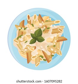 Vegetarian Pasta with Cream Sauce and Greenery Served on Plate Vector Closeup Illustration