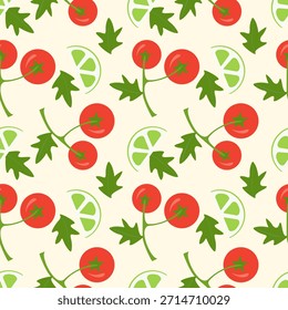 Vegetarian pattern with red tomatoes on branch and lime slices on soft beige background. Vector illustration
