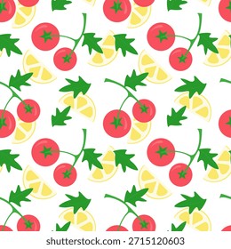 Vegetarian pattern with red tomatoes on branch and lemon slices on white background.