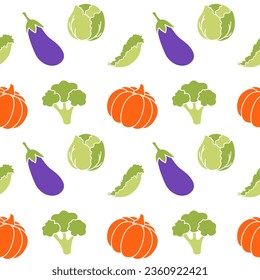 Vegetarian pattern with vegetables pumpkin eggplant broccoli salad, on a white background.