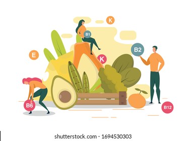 Vegetarier in der Nähe von Fresh Product. Verschiedenes Gemüse und Obst auf dem Hintergrund, Broccoli, Avocado, Käse, Orange. Mann und Frau in Foreground Holding Vitamin in Hand Cartoon Vektorillustration Illustration.