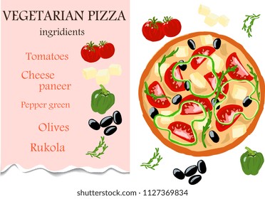 Vegetarian pizza is drawn with a brush in the illustrator.