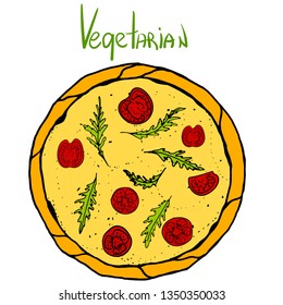 Vegetarian pizza. Illustration of tasty pizza vector colored. Hand drawn pizza poster.