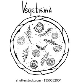 Vegetarian pizza. Illustration of tasty pizza vector black. Hand drawn pizza poster.
