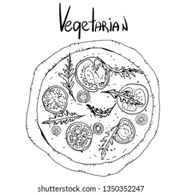 Vegetarian pizza. Illustration of tasty pizza vector black. Hand drawn pizza poster.
