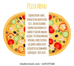Vegetarian pizza, margherita with tomato, pepper, cucumber, mushroom, olive, basil. Cartoon flat style.