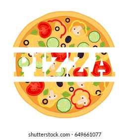 Vegetarian pizza, margherita with tomato, pepper, cucumber, mushroom, olive, basil. Made in cartoon flat style.