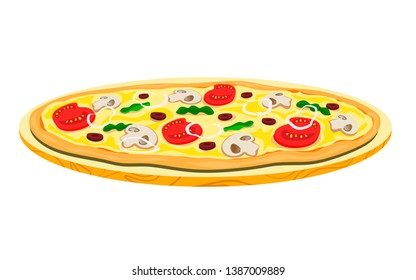 Vegetarian pizza with mushrooms and beans on a wooden tray. Vector illustration of a flat style.