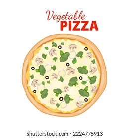 Vegetarian pizza with mushrooms, broccoli and olives. Italian snack, traditional fast food. Flat vector illustration isolated on the white background