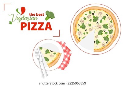 Vegetarian pizza with mushrooms, broccoli and olives. Triangle pizza piece on the plate and a red checkered napkin.  Top view. Taking traditional fast food. Flat vector illustration 