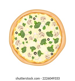 Vegetarian pizza with mushrooms, broccoli and olives. Whole pizza isolated on the white baackground. Top view. Flat vector illustration 