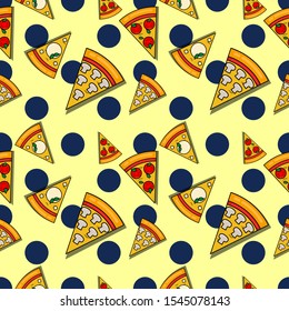 Vegetarian pizza seamless pattern. Traditional Italian Margarita, mushroom, mozzarella slices on polka-dot background. Fun design for pizzeria, delivery, cafe, restaraunt. Flat cartoon style pattern.