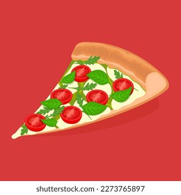 Vegetarian pizza. Slice of tasty pizza with pesto, tomato, basil, arugula and mozzarella cheese. Cartoon vector illustration.