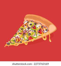 Vegetarian pizza. Slice of tasty pizza with tomato, mushrooms, onion, pepper, olives and cheese. Cartoon vector illustration.