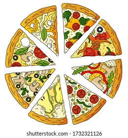 Vegetarian pizza slices hand drawn vector set