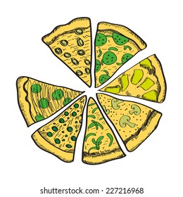 Vegetarian Pizza slices. Vector illustration. Useful for restaurant identity, menu and interior decoration.