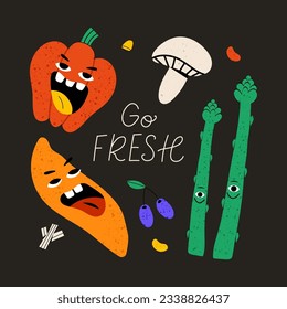 Vegetarian poster with slogan. Cute vegetable character with funny kawaii face. Hand drawn cartoon cute illustration for stickers, posters, wall art. Summer print. 