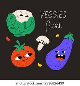 Vegetarian poster with slogan. Cute vegetable character with funny kawaii face. Hand drawn cartoon cute illustration for stickers, posters, wall art. Summer print. cabbage, champignon, tomato