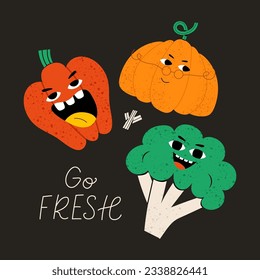 Vegetarian poster with slogan. Cute vegetable character with funny kawaii face. Hand drawn cartoon cute illustration for stickers, posters, wall art. Summer print. 