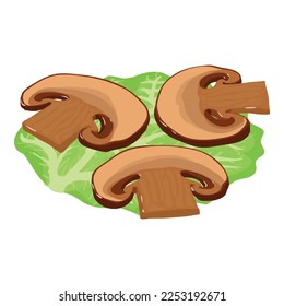 Vegetarian product icon isometric vector. Champignon slice on green lettuce leaf. Organic food, healthy nutrition