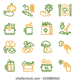 Vegetarian products color linear icons set. Organic products, vegan food, eco merchandise. Greengrocery assortment, fruits and vegetables range. Healthy nutrition concept. Isolated illustrations