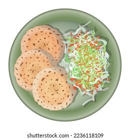 Vegetarian pupusas served with curtido salad closeup on a plate top view. Latinamerican food. Colorful vector illustration isolated on white background.